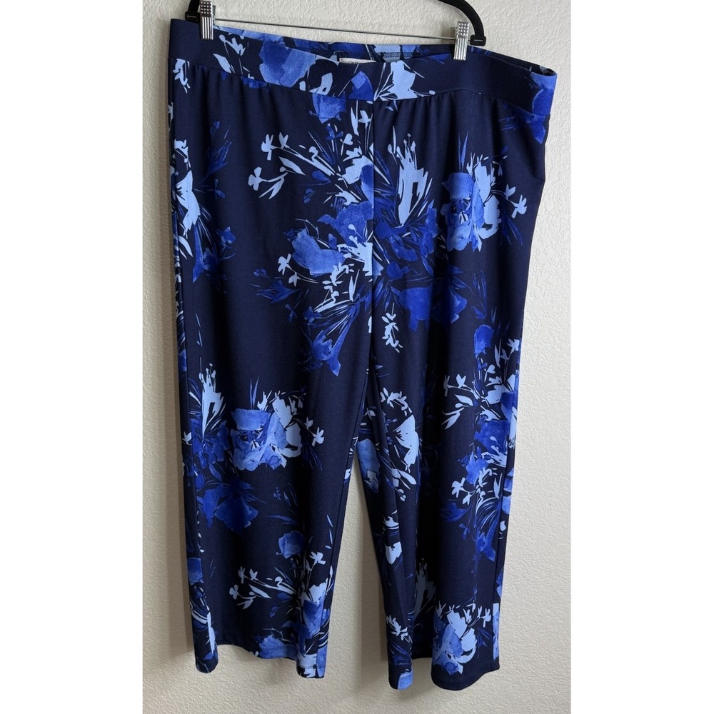 Isaac Mizrahi Womens 2X Petite Blue Floral Wide Leg Ponte‎ Pants Tropical Travel